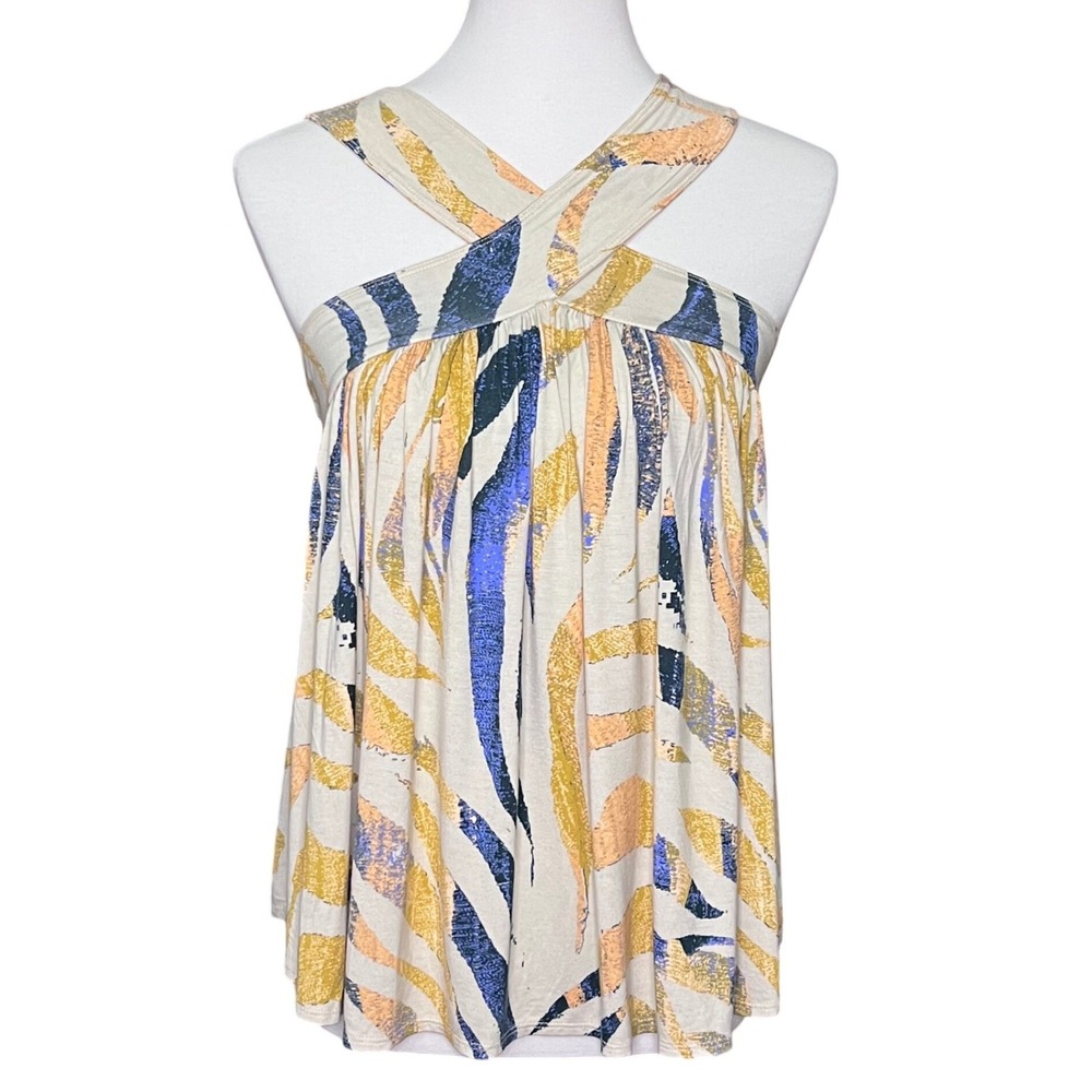 We The Free People Abstract Flowy Halter Top Blue Yellow Relaxed Boho XS
